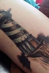 Thigh new school colored beautiful lighthouse tattoo pattern