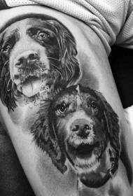 Very realistic black and white smiling dog portrait thigh tattoo pattern