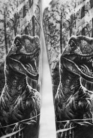 Patrón de tatuaxe de bosque de dinosauros de estilo realista en branco e negro