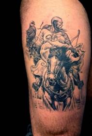 大腿蒙古战士与马和鸟纹身图案