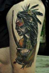 Leg color ancient indian archer man tattoo
