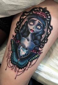 Stehno ilustrace styl barevné zombie nevěsta s tetováním vzor diamant a motýl