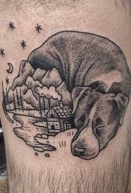 Lår svart linje prickhund kombinerat hus tatuering mönster