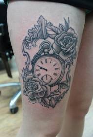 Leg gray clock with rose tattoo pattern