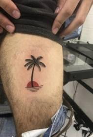 Boys thighs painted simple personality line sunset and plant coconut tree tattoo pictures