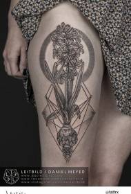 Thigh geometric style black hyacinth floral tattoo pattern