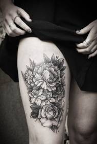 Thigh gray various flowers tattoo pattern