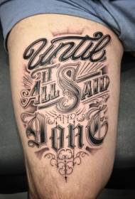 Thigh black and white bold letters with character tattoo pattern