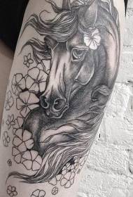 Lår naturlig farve trist hest blomster tatoveringsmønster