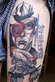 Stehno portrét s tetováním plachetnice pták a dopis