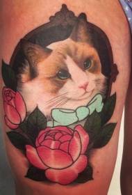Thigh beautiful cat flowers and bow tattoo pattern