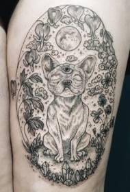 Thigh mysterious funny dog \u200b\u200bwith various plant tattoo patterns