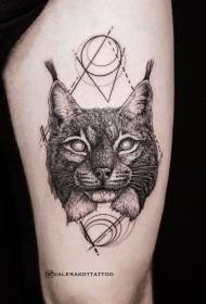 Thigh engraving style black wildcat and geometric tattoo pattern