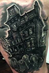 Thigh creepy dark house and cemetery tattoo pattern