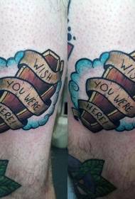 Leg color letters and ribbon hibiscus tattoo pictures