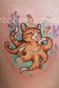 Thigh color cat with octopus legs tattoo pattern