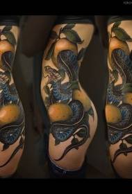 Waist-side color realistic apple and snake tattoo pattern