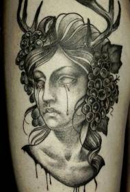 Thigh old school black crying woman portrait and grape antlers tattoo pattern