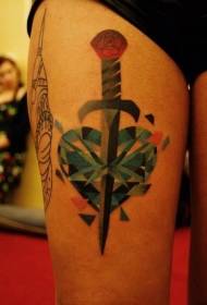 Thigh watercolor dagger pierced heart shaped diamond tattoo pattern