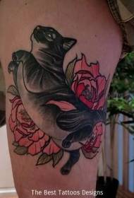 Lår søtfarget katt og blomster tatoveringsmønster
