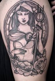 Bedra jednostavna crna i bijela fantasy žena i cvjetni uzorak tetovaža
