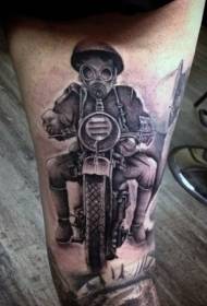 Realistic style black gas mask man riding locomotive tattoo pattern