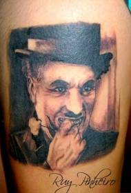 Thigh black gray style Chaplin portrait realistic tattoo pattern