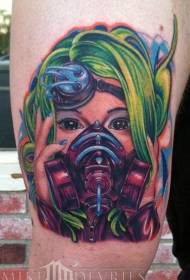Låret moderne stil malet fremtidig kvinde og tatoveringsmønster for gasmaske