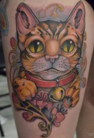 Thigh new school colored cat with flowers tattoo pattern