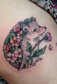 Thigh colorful hedgehog and pink flower tattoo pattern