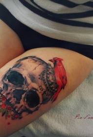 Thigh simple colorful skull with red bird tattoo pattern