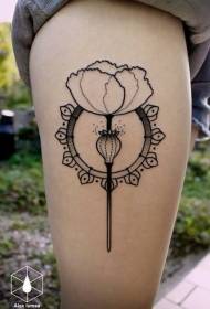 Patrón de tatuaxe de flores de liña negra minimalista da coxa