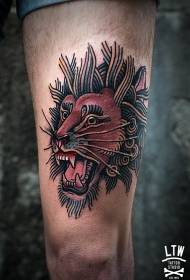Leg color tribal roaring lion tattoo