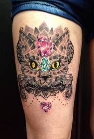 گربه رنگی جادویی ران با الگوی تاتو الماس
