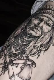 Thigh black gray indian portrait personality tattoo pattern