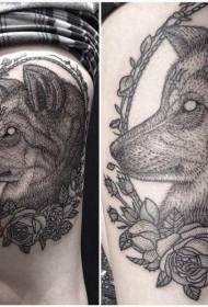 Old school black devil wolf with rose tattoo pattern