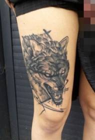 Girl thigh on black sketch animal wolf tattoo picture