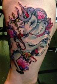 Thigh multicolored unicorn and flower tattoo pattern