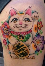 Thigh illustration style colorful lucky cat flower tattoo pattern