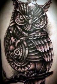Creative Black Grey Mechanical Owl Thigh Tattoo Pattern