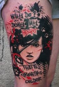 New school style colored thigh woman tattoo picture