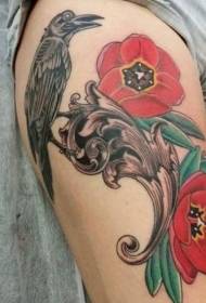 Thigh old school black crow with red flower tattoo pattern