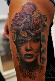 Thigh modern traditional style colorful female portrait and flowers tattoo pattern