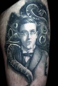 Thigh black and white mysterious man portrait and octopus tattoo pattern