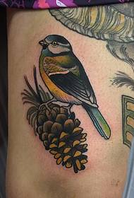 Thigh school bird pine cone painted tattoo pattern