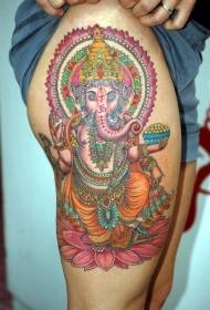 腿部彩色印度象神与莲花座纹身图案
