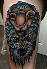 大腿現代風格彩色邪惡的狼與羊紋身圖案