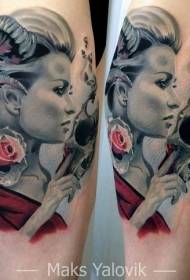 Realistic style of colored women with rose tattoo pattern