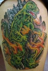 Thigh cartoon green gorilla and burning city tattoo pattern