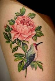 Thigh pink peony flower with kingfisher tattoo pattern